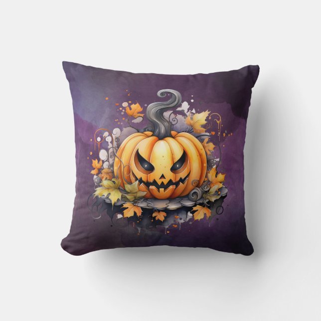 Griezelige Jack-O'-Lantern Aquarel Paarse Hallowee Kussen (Voorkant)