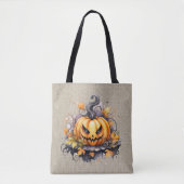 Griezelige Jack-O' Lantern Linnen Halloween Tote Bag (Voorkant)