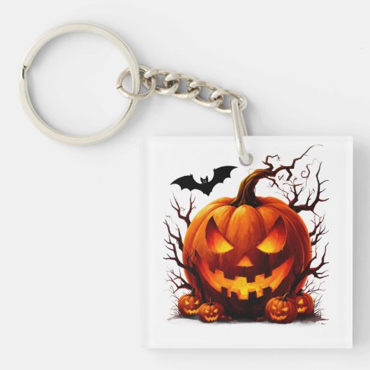 Griezelige Jack O Lantern Met Gloeiende Ogen 🎃 Sleutelhanger (voorkant)