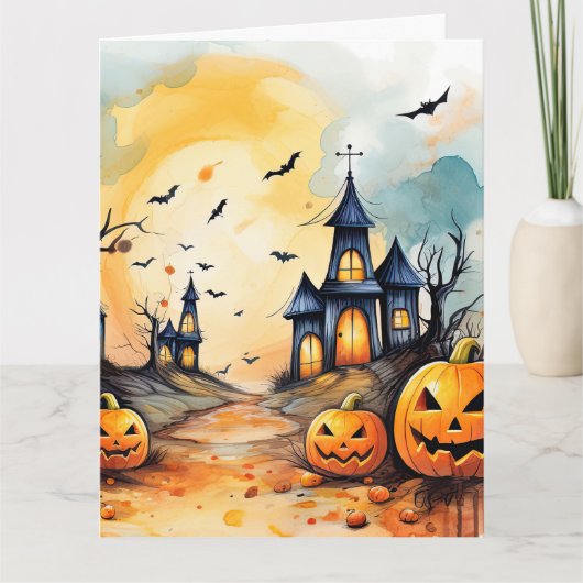 Griezelige Jack O'Lanterns Vleermuizen Geest Hallo Kaart (Voorkant)