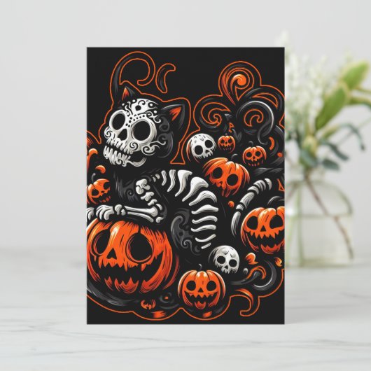 Griezelige Kat en Pompoenen Kaart (Staand voorkant)
