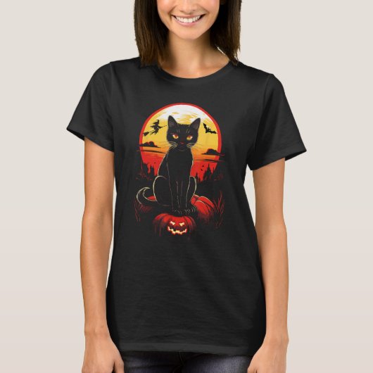 Griezelige Kat Enge Pompoen Halloween T-shirt (Voorkant)