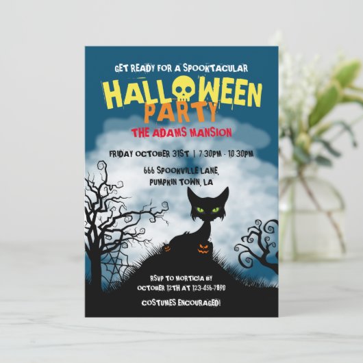 Griezelige kat Halloween-feest Kaart (Staand voorkant)