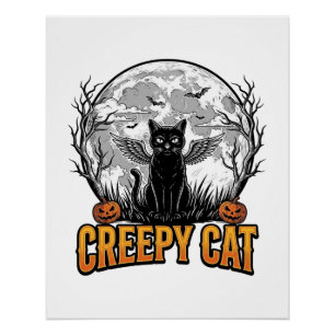 Griezelige Kat Halloween Vintage Gravure Ontwerp_1 Perfect Poster