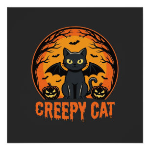 Griezelige Kat Halloween Vleermuis Maan Grafisch O Perfect Poster