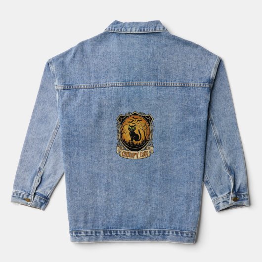 Griezelige Kat Halloween Zwarte Begraafplaats Vlee Denim Jacket (Achterkant)