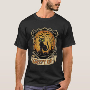 Griezelige Kat Halloween Zwarte Begraafplaats Vlee T-shirt