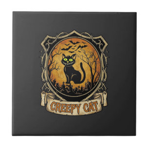 Griezelige Kat Halloween Zwarte Begraafplaats Vlee Tegeltje