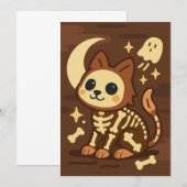 Griezelige kat met skelet en spookuitnodiging kaart (Voorkant / Achterkant)