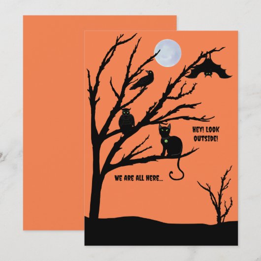 Griezelige kat-raaf-uil-vleermuis-nacht-maan Hallo Feestdagenkaart (Voorkant / Achterkant)
