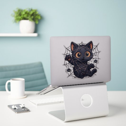 Griezelige Kitten Web Halloween Sticker (Laptop op bureau)