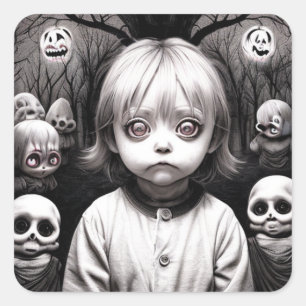 Griezelige kleine meisjes, poppen en schedels Hall Vierkante Sticker
