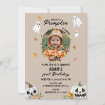 Griezelige Kleine Pompoen Verjaardags Foto Uitnodi