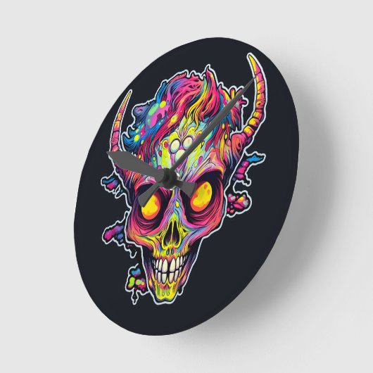Griezelige neon schedel demon ronde klok (Hoek)
