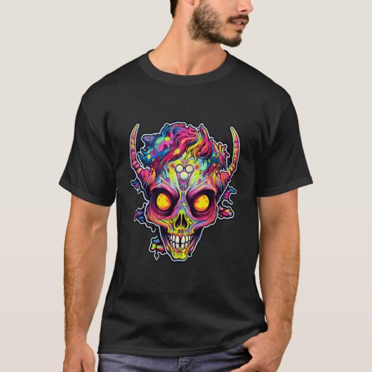 Griezelige neon schedel demon t-shirt (Voorkant)
