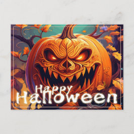 Griezelige oranje pompoen met gezicht, Halloween Feestdagenkaart