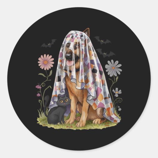 Griezelige Patchwork Bloemige Geest Duitse Herders Ronde Sticker (Voorkant)