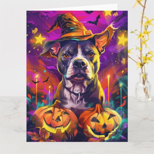 Griezelige Pitbull Hond Halloween Heks En Pompoen Kaart (Gele Bloem)