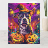 Griezelige Pitbull Hond Halloween Heks En Pompoen Kaart (Voorkant)