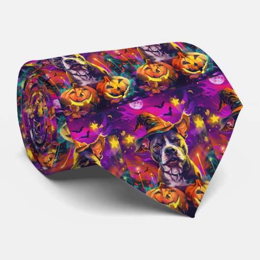 Griezelige Pitbull Hond Halloween Heks En Pompoen Stropdas (Opgerold)