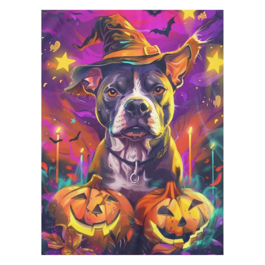 Griezelige Pitbull Hond Halloween Heks en Pompoen Tafelkleed (Voorkant)