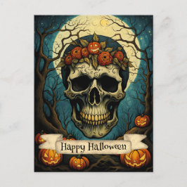 Griezelige pompoen bloemenschedel Halloween Briefkaart