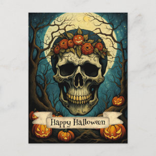 Griezelige pompoen bloemenschedel Halloween Briefkaart