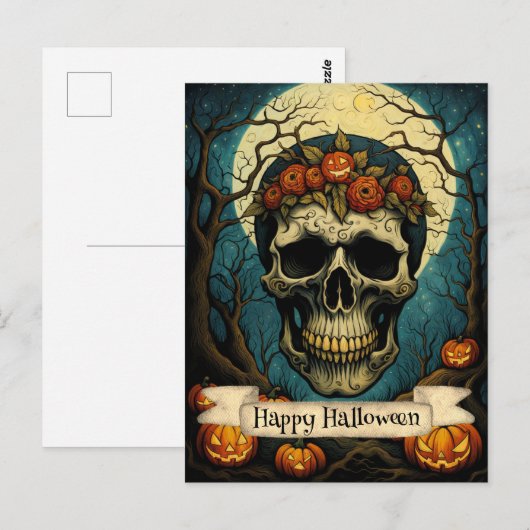 Griezelige pompoen bloemenschedel Halloween Briefkaart (Voorkant / Achterkant)