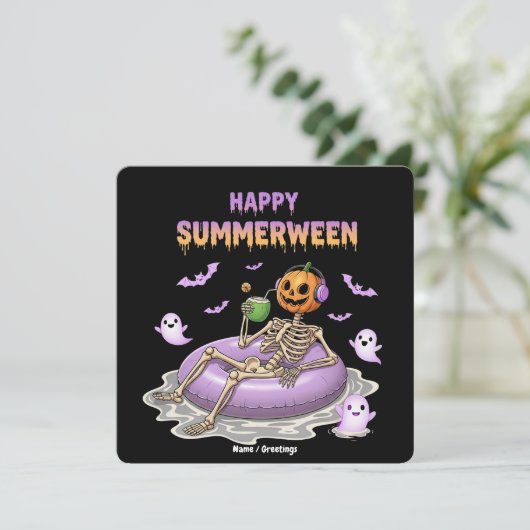 Griezelige Pompoen Gezichts Skelet Pret Happy Summ Kaart (Staand voorkant)