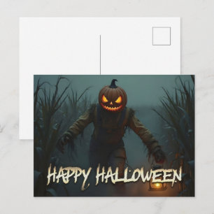 Griezelige Pompoen Hoofd Halloween Scène Feestdagenkaart