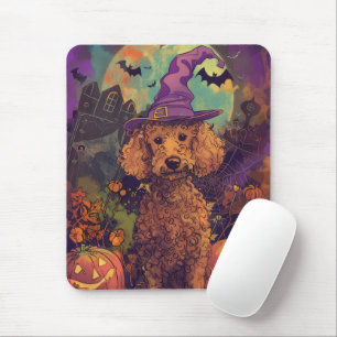 Griezelige Poodle Hond Halloween Heks En Pompoen Muismat