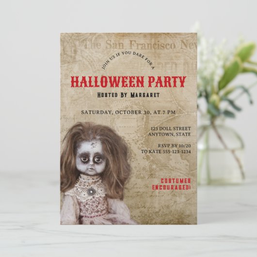  griezelige pop Halloween kostuumfeest Kaart (Staand voorkant)