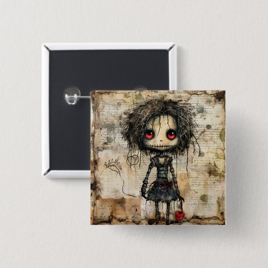 Griezelige pop met hart vierkante button 5,1 cm (Voorkant /achterkant)