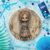 Griezelige pop met roze boog papieren bordje (Feest)