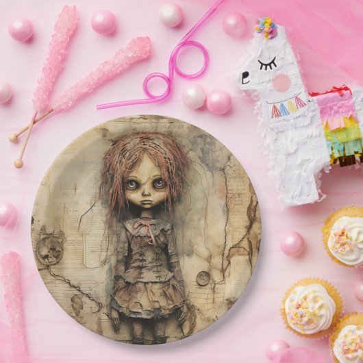 Griezelige pop met roze boog papieren bordje (Feest)