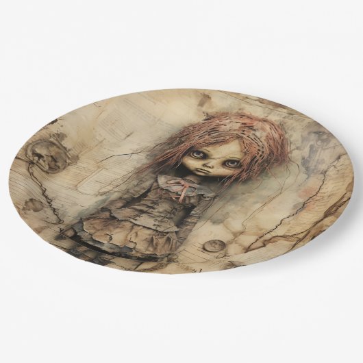 Griezelige pop met roze boog papieren bordje (Gekanteld)