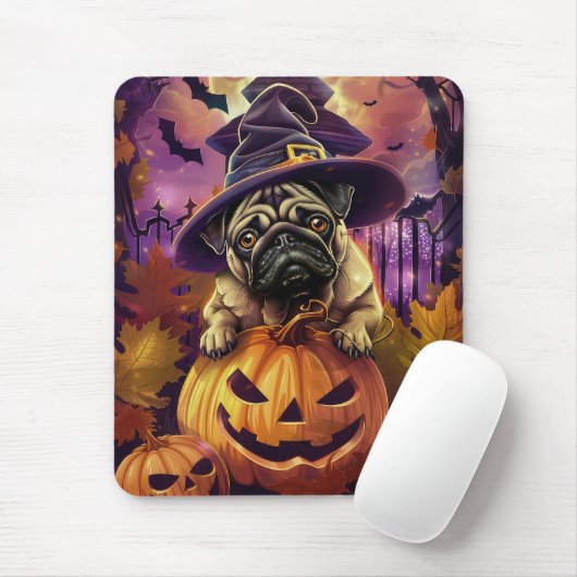 Griezelige Pug-hond Halloween Heks en Pompoen Muismat (Met muis)