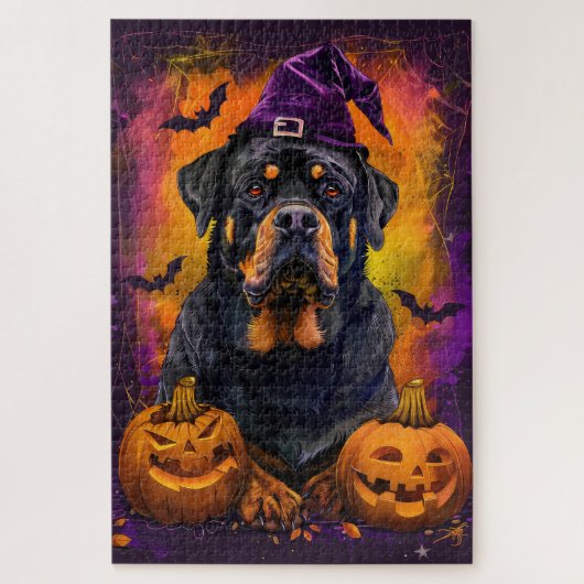 Griezelige Rottweiler Hond Halloween Heks en Pompo Legpuzzel (Verticaal)
