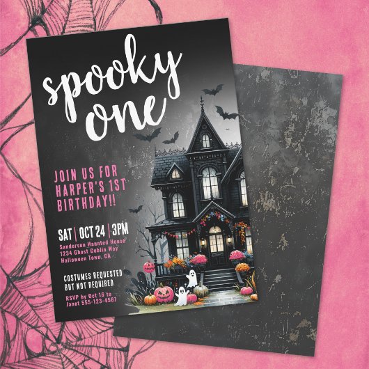 Griezelige Roze Halloween 1e Verjaardag Kaart