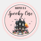 Griezelige Roze Halloween 1e Verjaardagsfeestje Ronde Sticker (Voorkant)