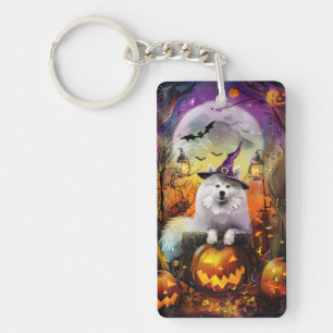 Griezelige Samoyed Hond Halloween Heks en Pompoen Sleutelhanger