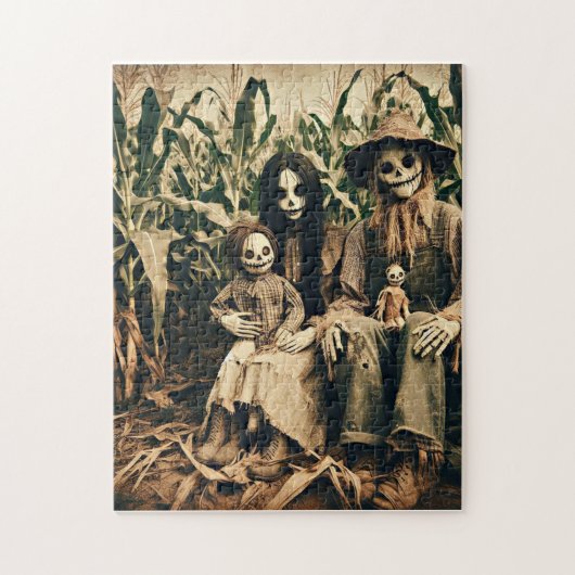 Griezelige Scarecrow familie op cornfield horror f Legpuzzel (Verticaal)