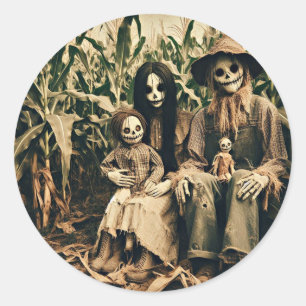Griezelige Scarecrow familie op cornfield horror f Ronde Sticker