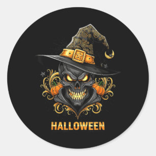 Griezelige Schedel Heksenhoed Halloween Horror Kos Ronde Sticker