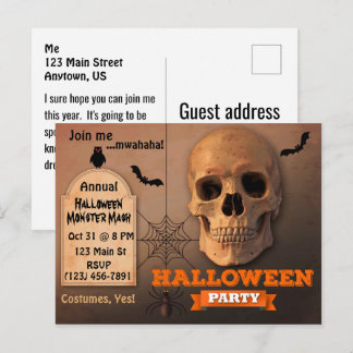 Griezelige Schedel, Vleermuizen en Spin Halloween Uitnodiging Briefkaart