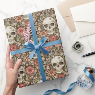 Griezelige Schedels & Rode Bloemen Cadeaupapier