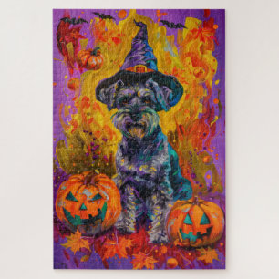 Griezelige Schnauzer-hond Halloween Heks en Pompoe Legpuzzel
