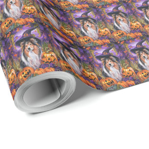 Griezelige Shetland Herdershond Halloween Heks Pom Cadeaupapier