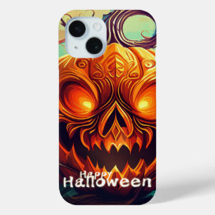 Griezelige sinaasappelkleurige pompoen met gezicht iPhone 15 case