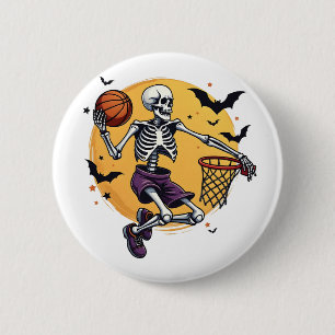 Griezelige Skelet Dunkende Basketbal Kerhof Hallo Ronde Button 5,7 Cm